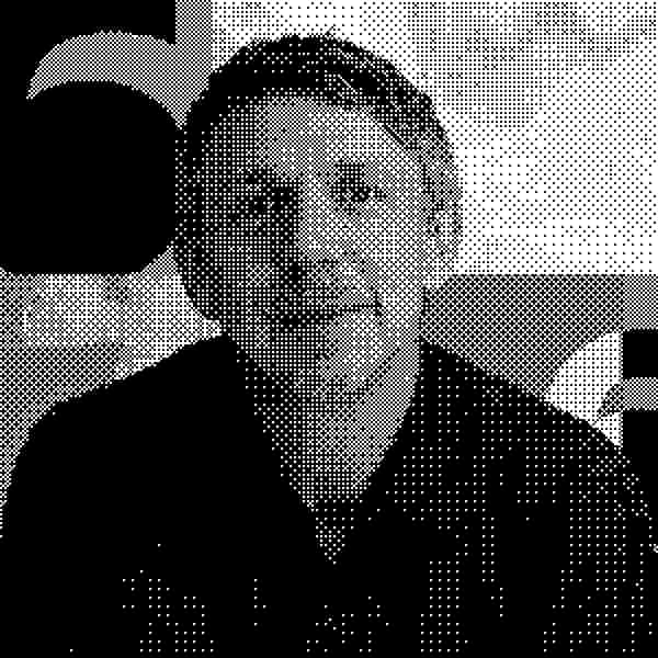 Black & white dithered portrait of Gilles Peterson for BBC 6 Music with misc shapes and number 6 logo in background.